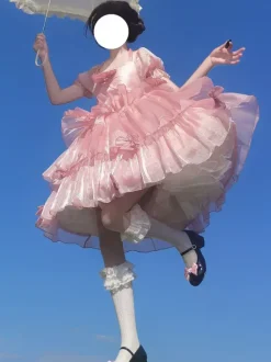 Robe Mignonne Lolita OP Polyester Manches Courtes Volants Robe Lolita Rose Une Pièce
