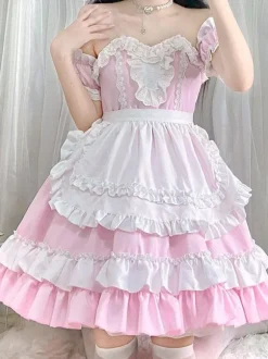 Robe Mignonne Lolita Robe à volants en polyester à manches courtes