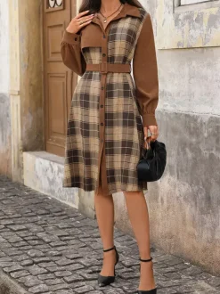 Robe mi-longue à carreaux et manches longues en velours côtelé avec ceinture pour l'automne 2026