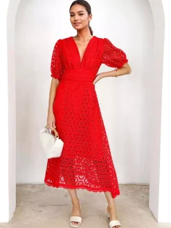 Robe mi-longue en dentelle à col en V et manches bouffantes pour femme (2026)