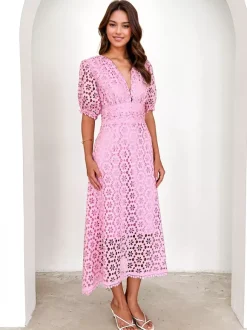 Robe mi-longue en dentelle à col en V et manches bouffantes pour femme (2026)