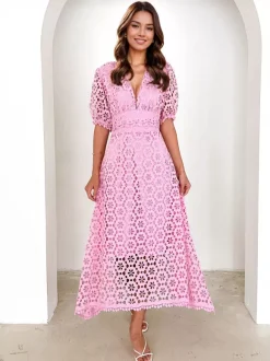 Robe mi-longue en dentelle à col en V et manches bouffantes pour femme (2026)
