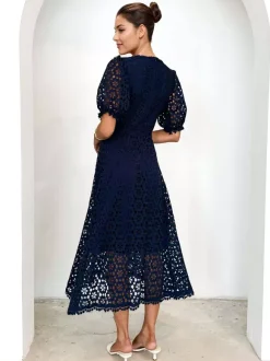 Robe mi-longue en dentelle à col en V et manches bouffantes pour femme (2026)