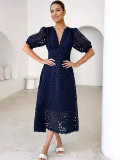 Robe mi-longue en dentelle à col en V et manches bouffantes pour femme (2026)