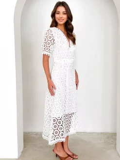 Robe mi-longue en dentelle à col en V et manches bouffantes pour femme (2026)