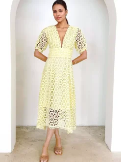Robe mi-longue en dentelle à col en V et manches bouffantes pour femme (2026)