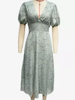 Robe mi-longue fleurie à col en V et manches bouffantes pour femme (2026)