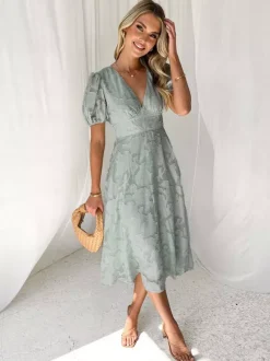 Robe mi-longue fleurie à col en V et manches bouffantes pour femme (2026)