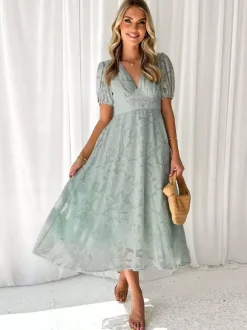 Robe mi-longue fleurie à col en V et manches bouffantes pour femme (2026)