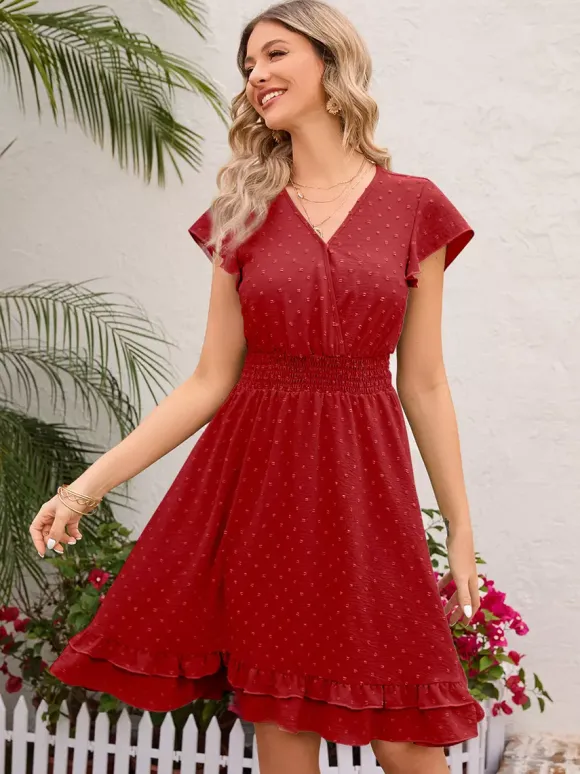 Robe mi-longue rose pâle à col en V et ourlet à volants avec taille froncée 2026