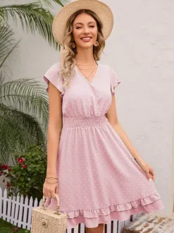 Robe mi-longue rose pâle à col en V et ourlet à volants avec taille froncée 2026