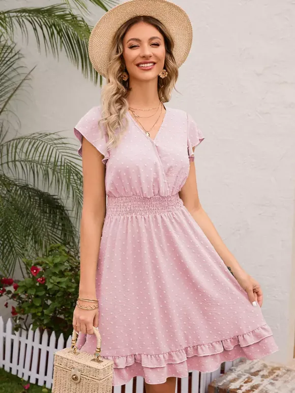 Robe mi-longue rose pâle à col en V et ourlet à volants avec taille froncée 2026