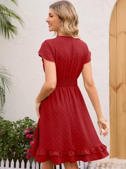 Robe mi-longue rose pâle à col en V et ourlet à volants avec taille froncée 2026