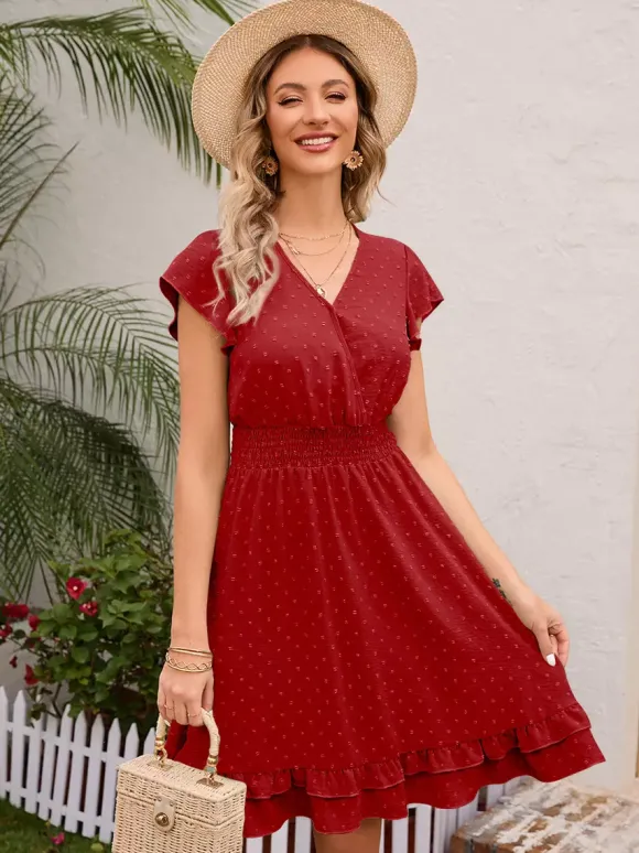 Robe mi-longue rose pâle à col en V et ourlet à volants avec taille froncée 2026