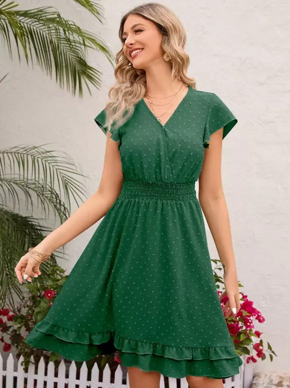 Robe mi-longue rose pâle à col en V et ourlet à volants avec taille froncée 2026