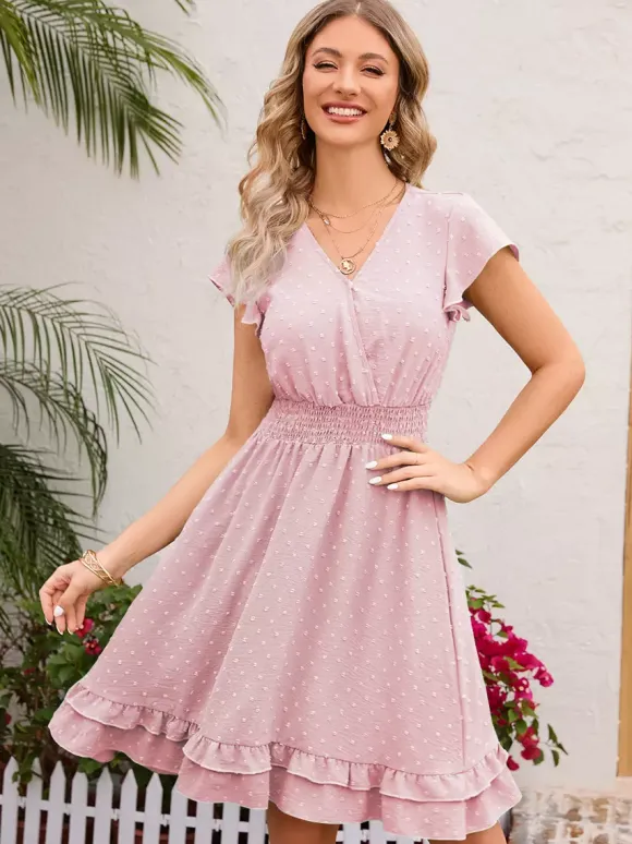 Robe mi-longue rose pâle à col en V et ourlet à volants avec taille froncée 2026