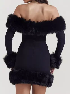 Robe mini à bordure en fausse fourrure à épaules dénudées robes de fête d'anniversaire sexy