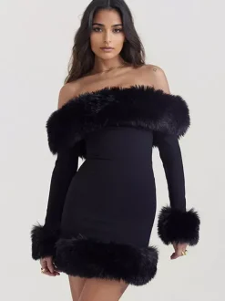 Robe mini à bordure en fausse fourrure à épaules dénudées robes de fête d'anniversaire sexy