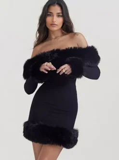 Robe mini à bordure en fausse fourrure à épaules dénudées robes de fête d'anniversaire sexy