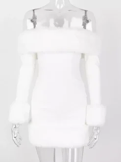 Robe mini à bordure en fausse fourrure à épaules dénudées robes de fête d'anniversaire sexy