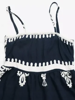 Robe mini à bretelles spaghetti imprimée bleu marine et blanc pour femme sans manches coupe trapèze idéale pour l'été et la plage.