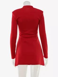 Robe mini à encolure en trou de serrure pour femme - Rouge élégante épaules rembourrées manches longues coupe moulante - Soirée romantique printanière 2026