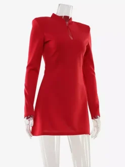 Robe mini à encolure en trou de serrure pour femme - Rouge élégante épaules rembourrées manches longues coupe moulante - Soirée romantique printanière 2026