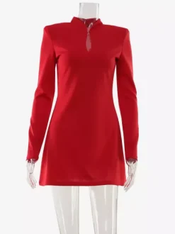 Robe mini à encolure en trou de serrure pour femme - Rouge élégante épaules rembourrées manches longues coupe moulante - Soirée romantique printanière 2026
