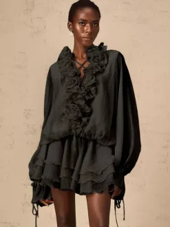 Robe mini à volants superposés pour femme - Robe patineuse bohème à manches lanternes col en V fleuri et short assorti - Fête de printemps 2026