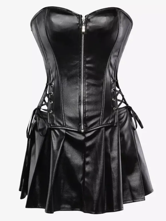 Robe mini bustier en similicuir à décolleté c艙ur et corset laçage latéral tenue de soirée