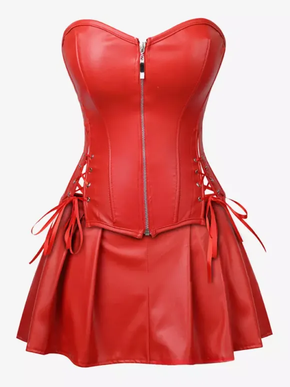 Robe mini bustier en similicuir à décolleté c艙ur et corset laçage latéral tenue de soirée
