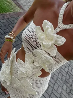 Robe mini crochetée à fleurs 3D pour femme - Robe moulante bohème dos nu à découpe taille - Été 2026