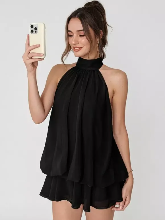 Robe mini dos nu à volants pour femme - Élégante robe patineuse en mousseline plissée dos nu et coupe ample - Vacances d'été à la plage 2026
