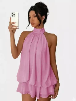 Robe mini dos nu à volants pour femme - Élégante robe patineuse en mousseline plissée dos nu et coupe ample - Vacances d'été à la plage 2026
