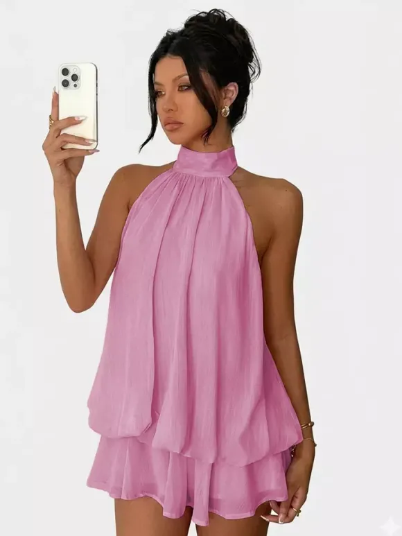 Robe mini dos nu à volants pour femme - Élégante robe patineuse en mousseline plissée dos nu et coupe ample - Vacances d'été à la plage 2026