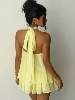 Robe mini dos nu à volants pour femme - Élégante robe patineuse en mousseline plissée dos nu et coupe ample - Vacances d'été à la plage 2026