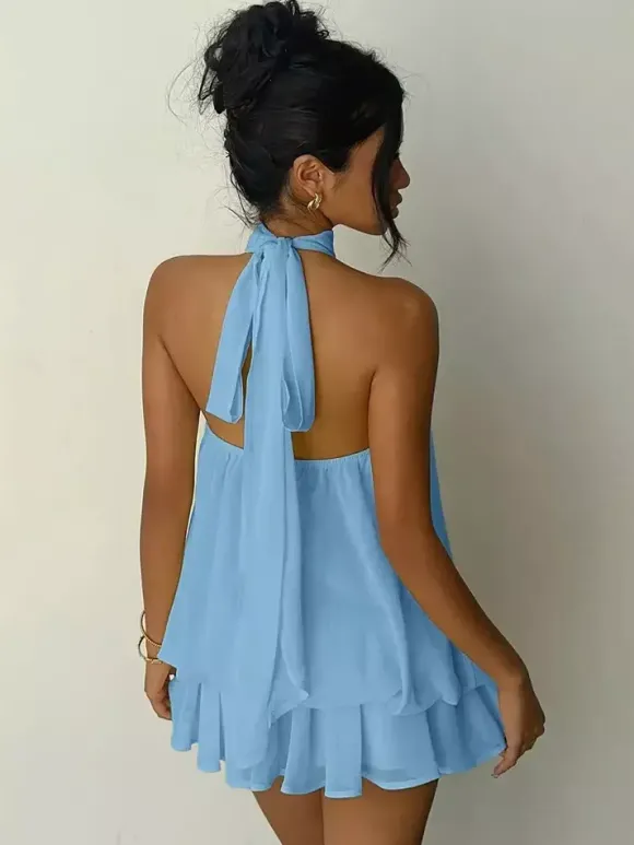 Robe mini dos nu à volants pour femme - Élégante robe patineuse en mousseline plissée dos nu et coupe ample - Vacances d'été à la plage 2026