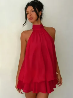 Robe mini dos nu à volants pour femme - Élégante robe patineuse en mousseline plissée dos nu et coupe ample - Vacances d'été à la plage 2026