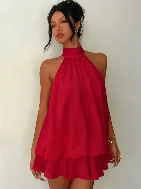 Robe mini dos nu à volants pour femme - Élégante robe patineuse en mousseline plissée dos nu et coupe ample - Vacances d'été à la plage 2026