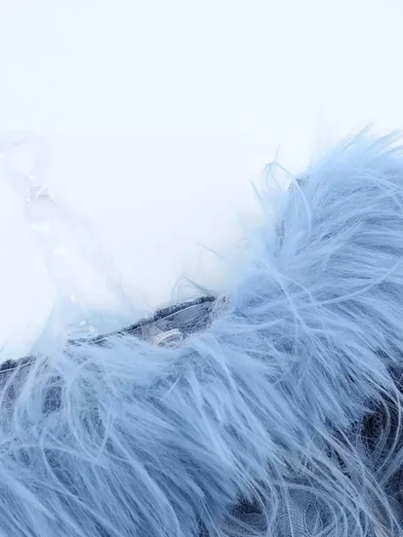 Robe mini en dentelle et fausse fourrure pour femme - Bleu poudré moulante froncée manches longues - Robe d'invitée pour mariage de printemps 2026