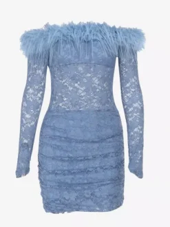 Robe mini en dentelle et fausse fourrure pour femme - Bleu poudré moulante froncée manches longues - Robe d'invitée pour mariage de printemps 2026
