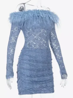 Robe mini en dentelle et fausse fourrure pour femme - Bleu poudré moulante froncée manches longues - Robe d'invitée pour mariage de printemps 2026