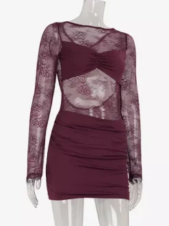 Robe mini en dentelle transparente froncée pour femme - Robe moulante sexy à dos nu et découpes - Soirée d'été en boîte de nuit 2026