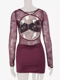 Robe mini en dentelle transparente froncée pour femme - Robe moulante sexy à dos nu et découpes - Soirée d'été en boîte de nuit 2026