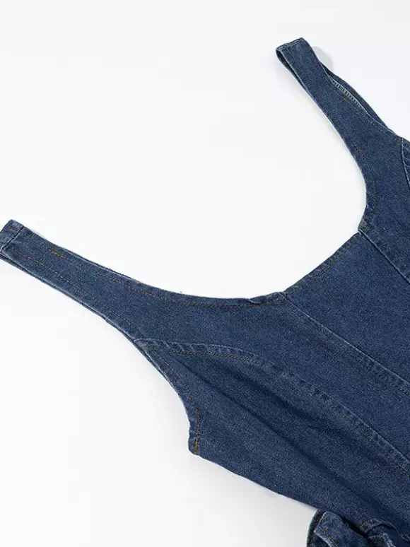 Robe mini en jean bleu marine sans manches avec ourlet à volants pour femme