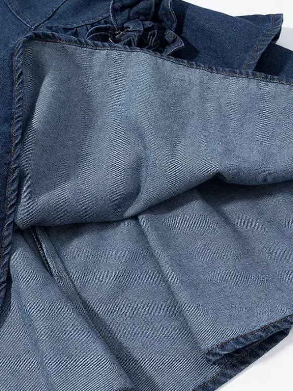 Robe mini en jean bleu marine sans manches avec ourlet à volants pour femme