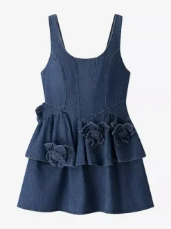 Robe mini en jean bleu marine sans manches avec ourlet à volants pour femme