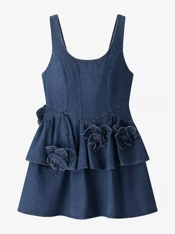 Robe mini en jean bleu marine sans manches avec ourlet à volants pour femme