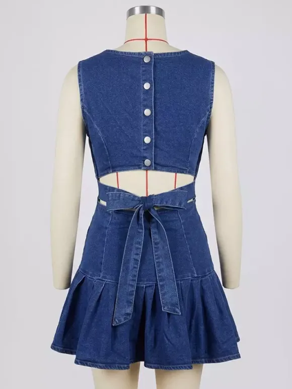 Robe mini en jean plissée sans manches pour femme - Dos nu sexy découpe et n艙ud coupe slim - Style streetwear été plage 2026