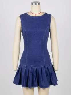 Robe mini en jean plissée sans manches pour femme - Dos nu sexy découpe et n艙ud coupe slim - Style streetwear été plage 2026